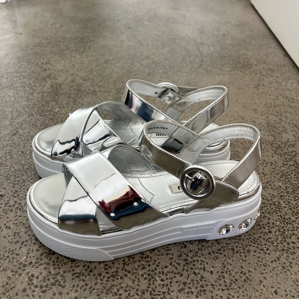 Miu Miu jeweled silver platform sandals